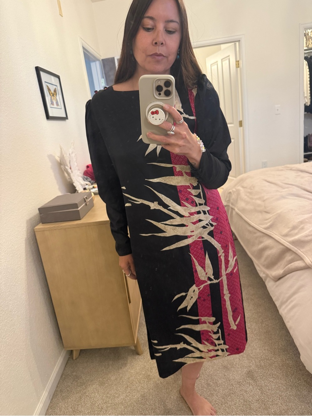 VINTAGE LA CHEMISE Asian inspo Pink accent Cream Bamboo Print midi dress